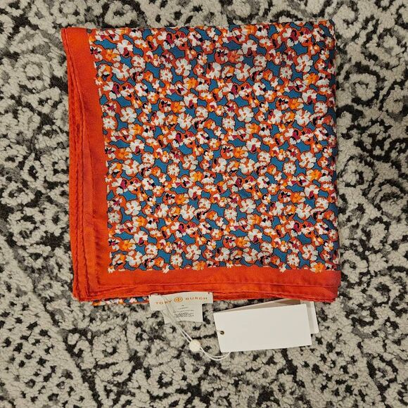 Tory Burch Carnation Silk Square Scarf in Exotic Red - Picture 1 of 2